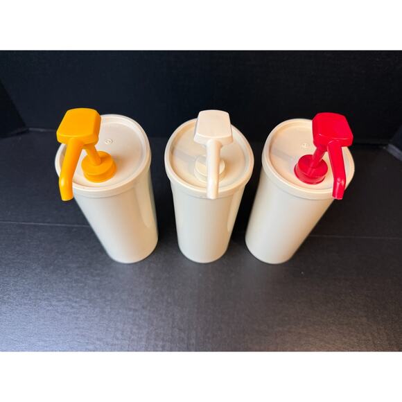 Vtg Tupperware Pump Dispensers Condiments Ketchup Mayo Mustard Set Of 3 *READ - Picture 5 of 12